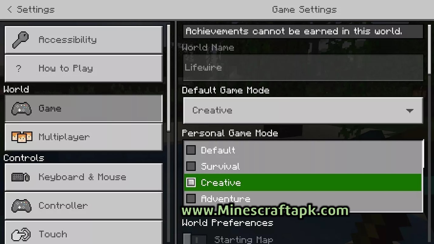 minecraft apk creative mode settings